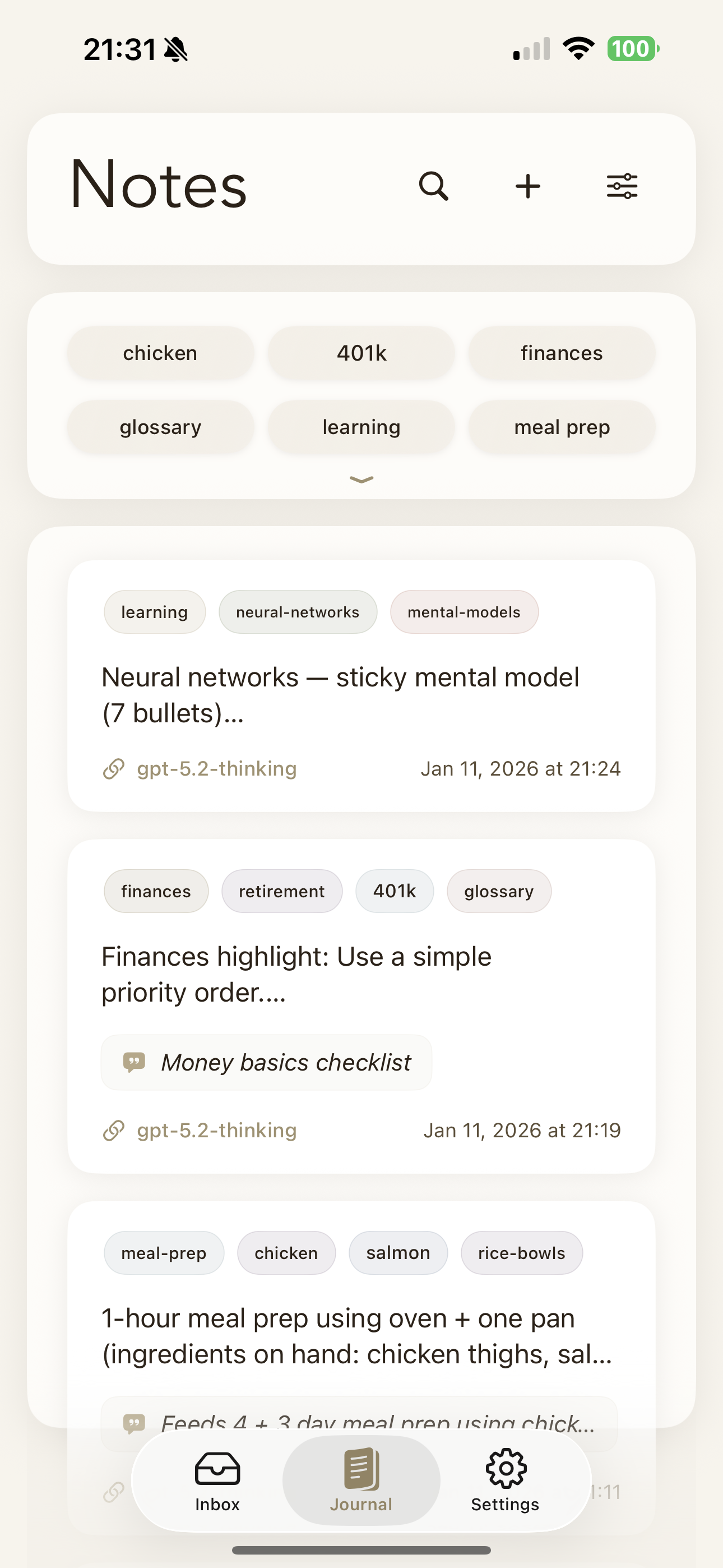 Truffle Journal app showing Notes screen with meal prep, finance, and learning entries